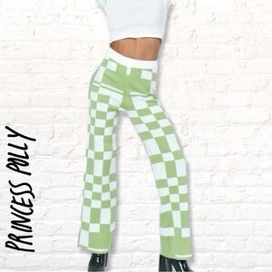 Princess Polly Athina Checked Bell Bottoms White and  Green White Sz S / M New